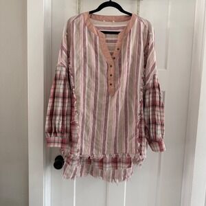Oli & Hali Mixed Media Plaid Striped Flannel Boho Tunic Top Cotton Bl OS JT0043